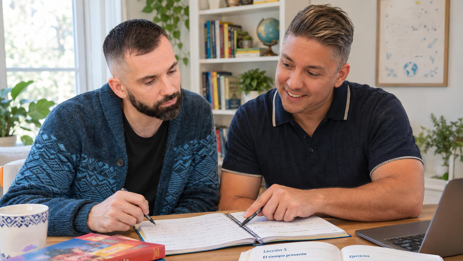 In-person Spanish tutoring with Rodney Moya Spanish tutor Rodney Moya teaching an adult student in person